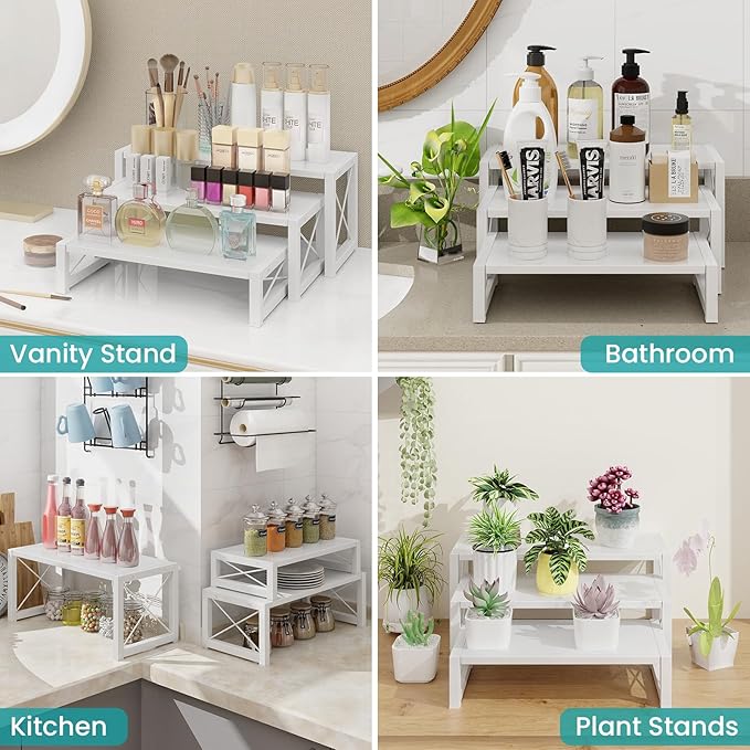 ELITEROO White 3-Tier Cupcake Stand & Wooden Display Riser, Dessert Stand for Cupcakes, Food, Perfume, Makeup, Dolls, Collectibles, Multi-Tiered Shelf Organizer for Market Vendors & Retail Display