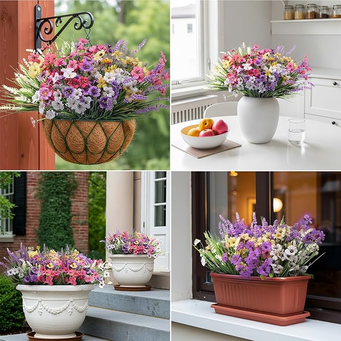 Artificial Flowers for Outdoors 24 Bundles, UV Resistant Colorful Fake Silk Flower Outdoor Planter Garden Decor Indoor Decorations