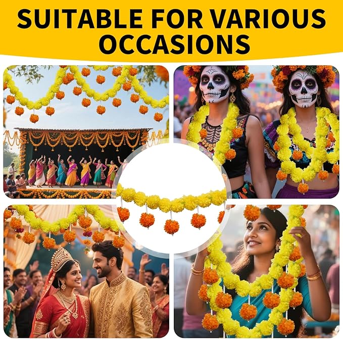 5 Pcs Marigold Garland Diwali Decor Artificial Flowers, 4.5 Feet Artificial Marigold Flowers for Indian Pooja Diwali Home Mantle Decor Wedding Decoration for All Year Decoration (Yellow＆Orange)