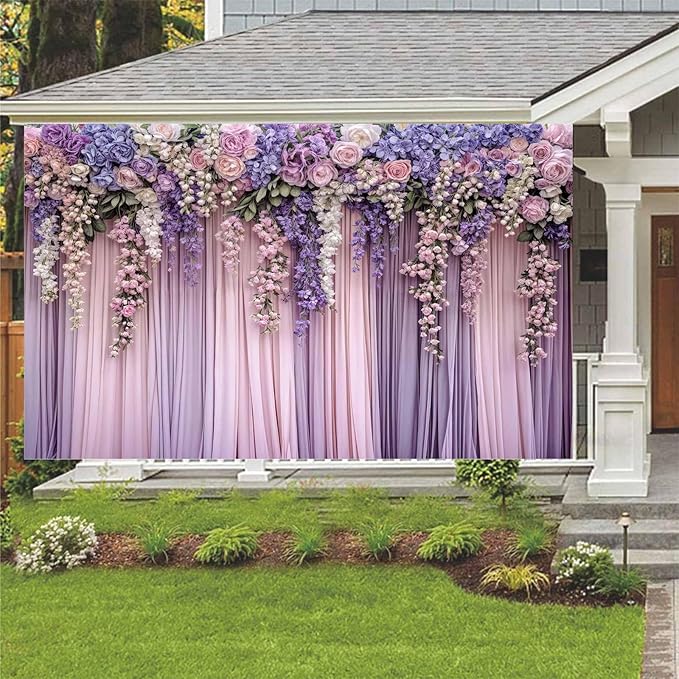 7x5ft Purple Flower Wedding Photography Backdrop Lavender Floral Wedding Bridal Photography Backdrop Anniversary Birthday Baby Shower Girl Party Banner Photo Booth Props Background Wall Decor