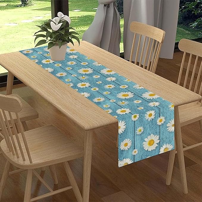 Daisy Floral Table Runner, Rustic Seasonal Spring Wild Flower Rustic Blue Wood Farmhouse Table Center Decor for Home Kitchen Dining Patio Holiday Party Indoor Outdoor Table Decorations, 13"x36" Inch