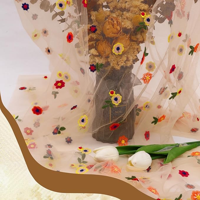 6PCS Champagne Floral Table Runner 10 FT, Embroidery Daisy Table Runners Seasonal Sheer Tulle Table Runner for Thanksgiving Wedding Birthday Baby Shower Party ﻿