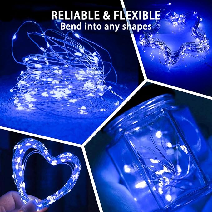 100 Pack Blue Fairy Lights 7Ft 20 LED Twinkle String Lights 3 Modes Battery Operated Waterproof Firefly Starry for Mason Jar Party Wedding Christmas Valentines Day Table Centerpieces