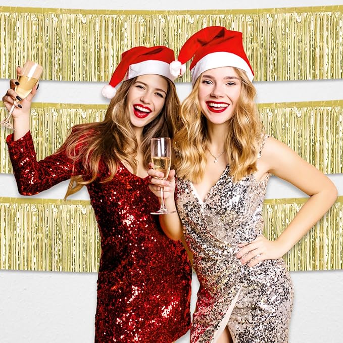 4 Pack 10 Feet Light Gold Foil Fringe Garland Metallic Tinsel Streamers Banner Wall Hanging Curtain Backdrop for Parade Floats, Wedding, Graduate, Mother's Day, Birthday Party Decoration
