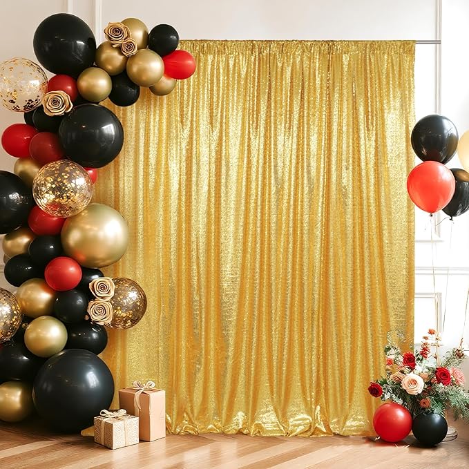 SquarePie Sequin Backdrop Curtain Not See Through Background for Wedding Party 10FT x 10FT Gold