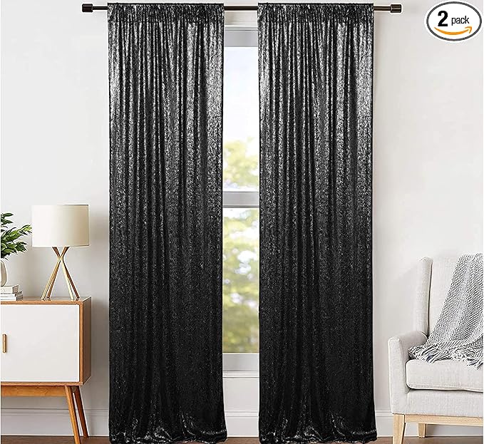 JYFLZQ Black Sequin Backdrop Curtains 4ft x 8ft 2 Panels Glitter Photo Booth Backdrops Sparkly Photography Background Drapes for Halloween Father's Day Graduation Birthday Parties
