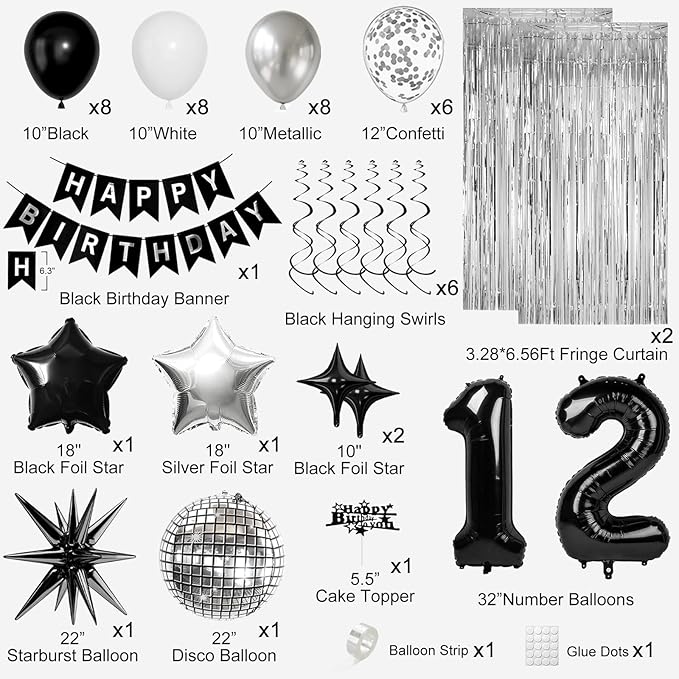 12th Birthday Decorations for Boys Girls, Black Silver Happy Birthday Party Decorations， 12 Year Old Party Supplies with Number 12 Balloons, Banner, Fringe Curtains Kit