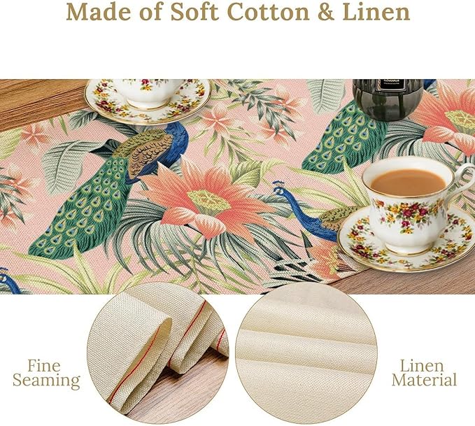 Peacock Table Runner,Pink Flower Peacock Birds Table Runner for Home Kitchen Dining Party Indoor Outdoor Decoration 13x60 Inch