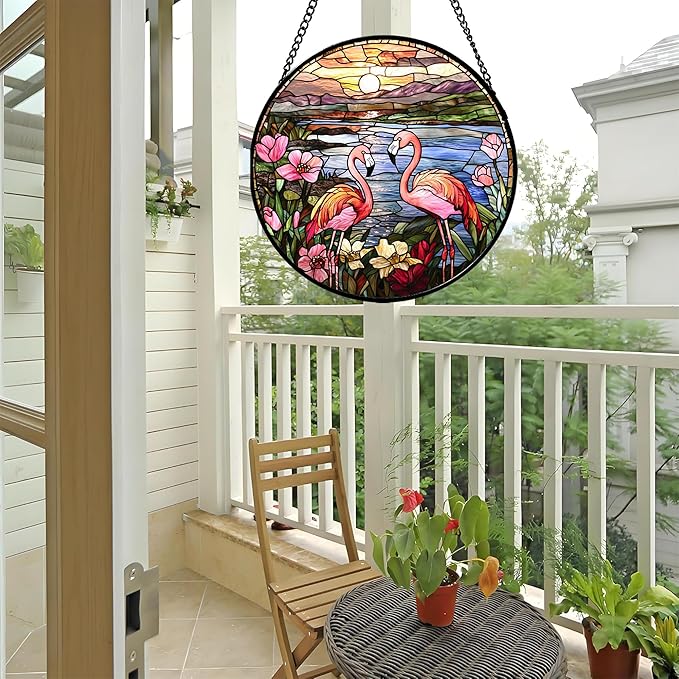Stained Glass Window Hanging - Flamingo Wildflowers Landscape Suncatcher for Door Terrace Garden Home Decor Sunset Lake Sun Catcher Birthday Gifts for Lovers Women Men Dad Mom Nana 15 in