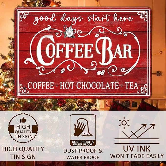 Vintage Christmas Coffee Bar Tin Sign - Kitchen Decor, Tea Bar Accessories, Hot Chocolate Station - 8x12Inch
