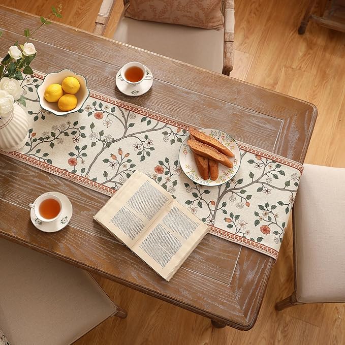 ISAENNE Designer Elegant Linen Floral Extra Long Table Runner 118 Inches,Farmhouse Light Beige Durable Decor Table Runners for Dining Tables,Thanksgiving,Kitchen Tables,Christmas,12"*118"-Flora A