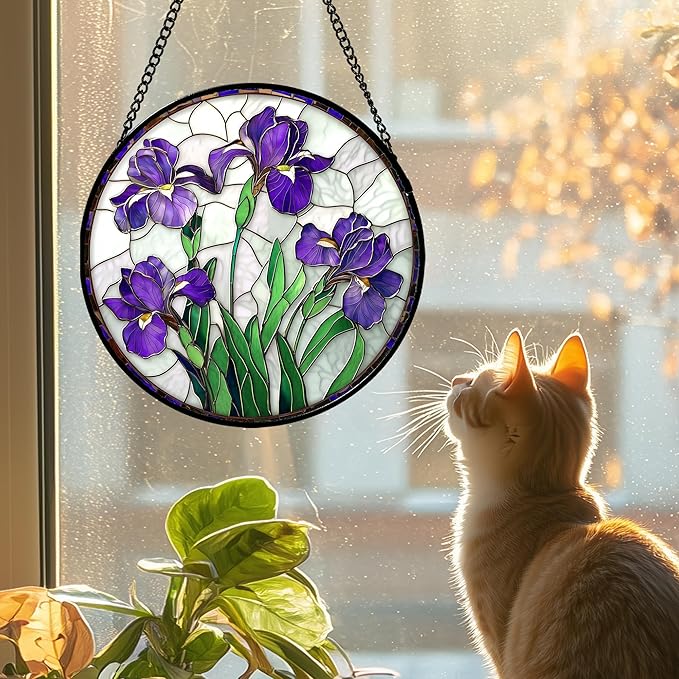 Stained Glass Window Hanging - Purple Iris Flower Sun Catcher for Door Terrace Garden Home Decor, Green Plants Suncatcher Birthday Gifts for Lovers Women Men Dad Mom Nana 6.3 in
