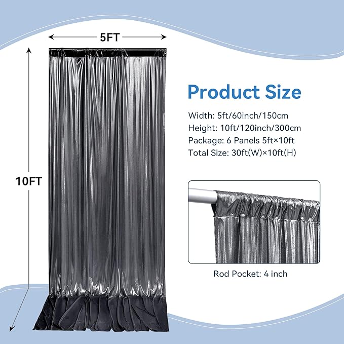 30x10 ft Wrinkle Free Black Silver Sequin Backdrop Curtain for Parties,Thick Not Fall Glitter Wedding Backdrop Drapes,6 Panels 5x10ft Shimmer Photo Back Drop Cloth for Birthday Photography Background
