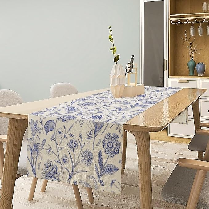 Monochrome Sketch Flowers Table Runner, Seasonal Spring Fall Plants Blue Florals Dinner Runner for Home Kitchen Dining Table Party Holiday Decoration 13"x120"