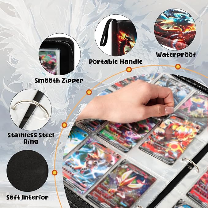 Premium Exo-Tec 4-Pocket Trading Card Binder - 400 Side Loading Pockets for TCG, Board Games & Collectibles - Durable Water-Resistant Card Album with Secure Zip Closure