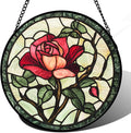 Stained Glass Window Hanging, Red Rose Flowers Sun Catcher for Door Garden Home Decor Suncatcher Christmas Mother's Day Birthday Gifts for Women Lovers Men Wife Girlfriend Mom Nana 7.8 in