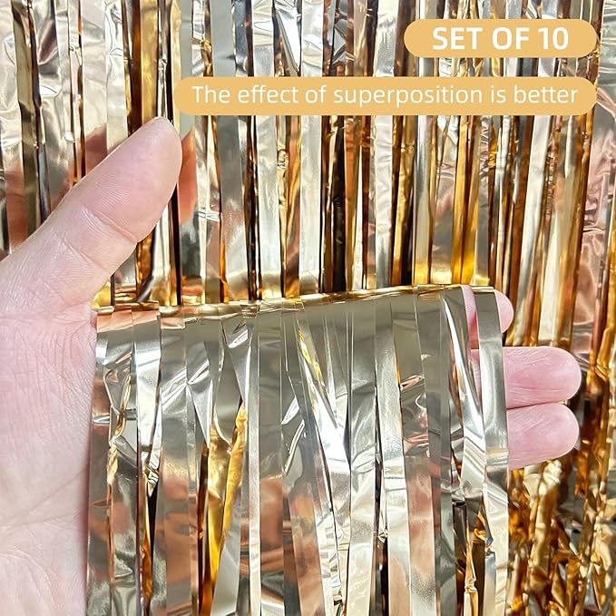 10 Pack Champagne Gold Backdrop Curtain 3.2ft x 8.2ft Metallic Tinsel Foil Fringe Curtains Photo Booth Background for Birthday Party Decoration Engagement Wedding Christmas Decor (Champagne Gold)
