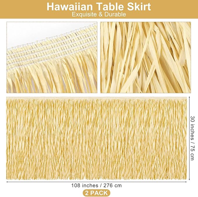 Fovths 2 Packs Luau Grass Table Skirt Fringe Straw Grass Skirt 108 x 30 Inch Hibiscus Hawaiian Table Skirts Rectangle Tropical Luau Party Decorations for Hawaiian Luau Decorations