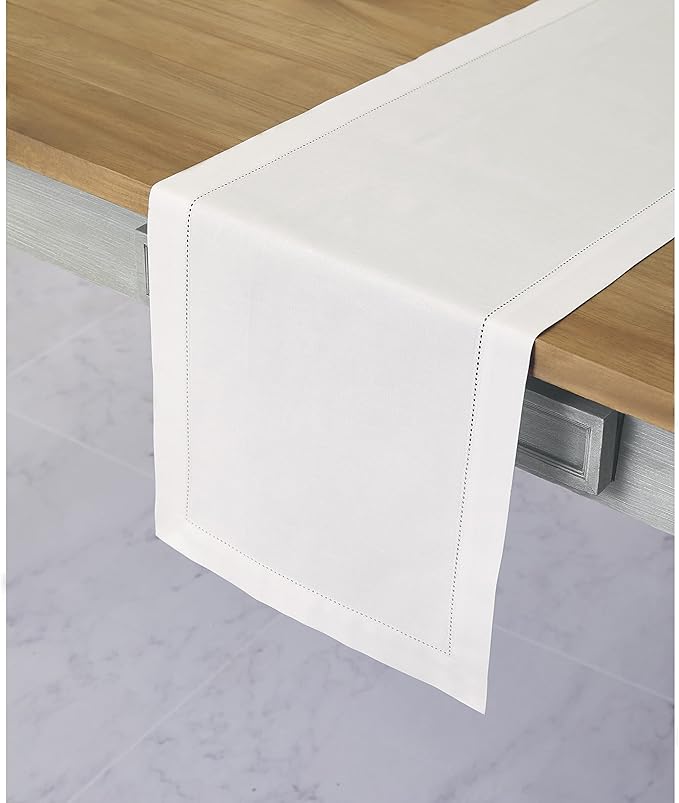 Solino Home White Table Runner 132 Inches Long - Cotton Linen Hemstitch Extra Long Table Runner 14 x 132 Inch for Fall, Autumn, Halloween, Thanksgiving, Christmas, Holiday