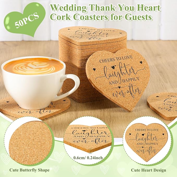 Uiifan 50 Set Wedding Favors for Guest Coaster Gifts Bulk Heart Shaped Coasters Thank You Cards Organza Bags Guest Souvenirs for Wedding Party Bridal Favors