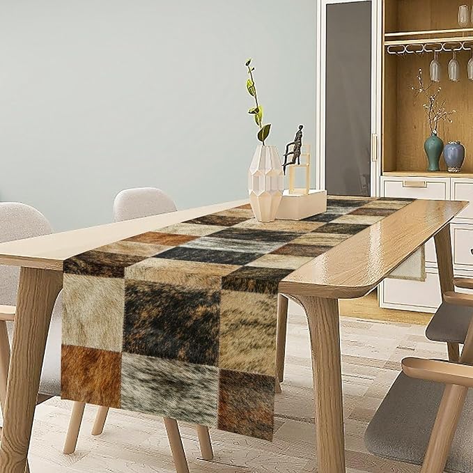 Rustic Cow Skin Patchwork Print Table Runner, Farmhouse Country Western Style Fur Table Cover for Dinning Home Party Holidays Home Setting, 13x120 Inch