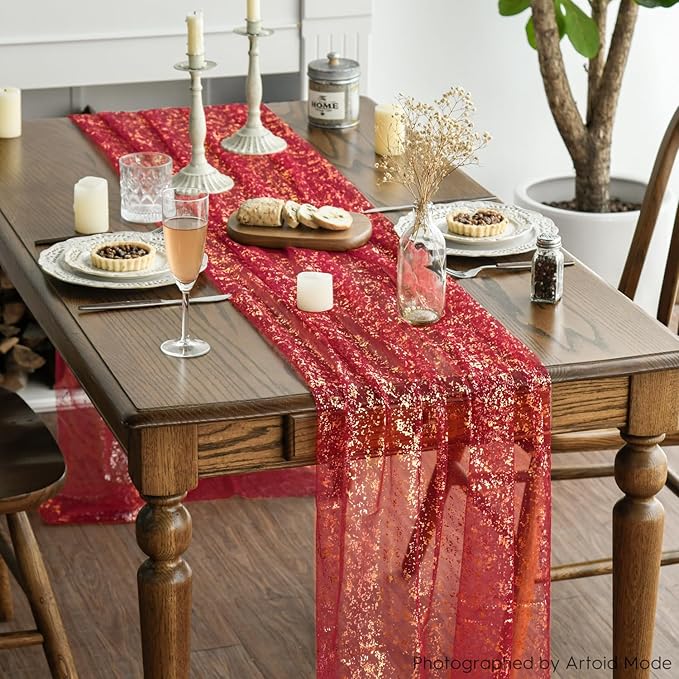 Artoid Mode 6PCS Red Gold Gauze Table Runner 120 Inch 10FT, Glitter Metallic Foil Sheer Dining Wedding Anniversary Holiday Table Decor for Home Party