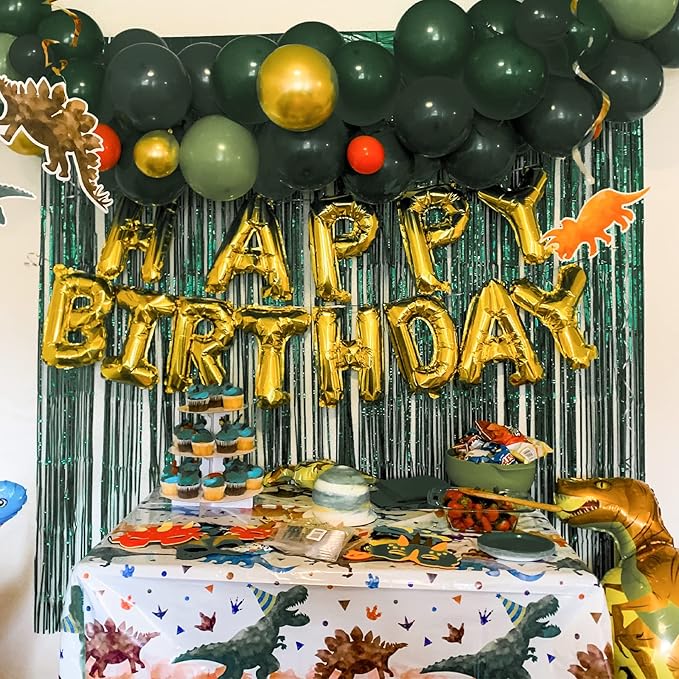PartyWoo Green Streamers Backdrop 2pcs Green Tinsel Foil Fringe Streamer Curtains 8.2 FT Curtains Photo Backdrop for Graduation Birthday Dinosaur Jungle Golf Football Theme Party Decorations