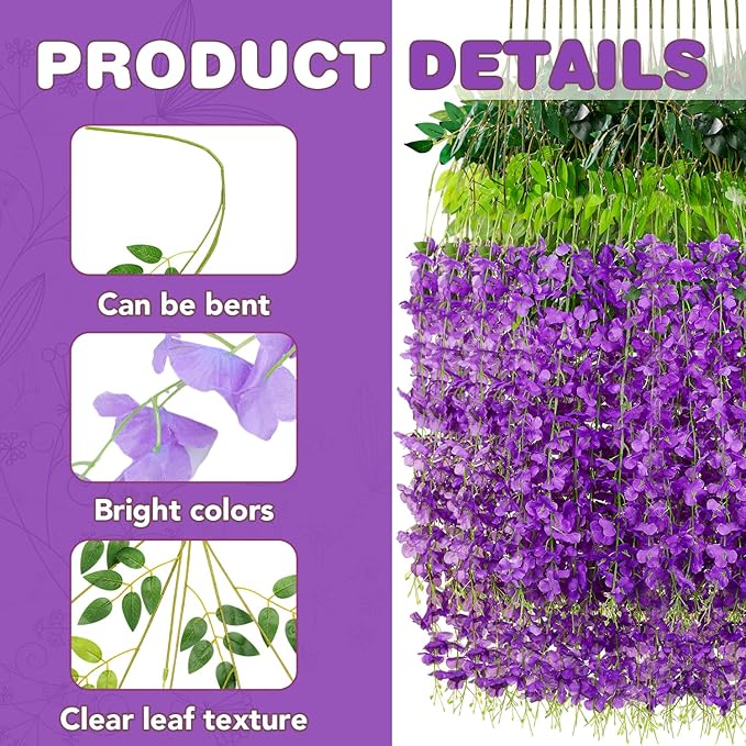 Wisteria Hanging Flowers,Fake Hanging Flowers,Wisteria artificiales Garland for Home Wedding Arch Floral Party Garden Ceremony Outdoor Decor,3.6 feet Long(50,Purple)