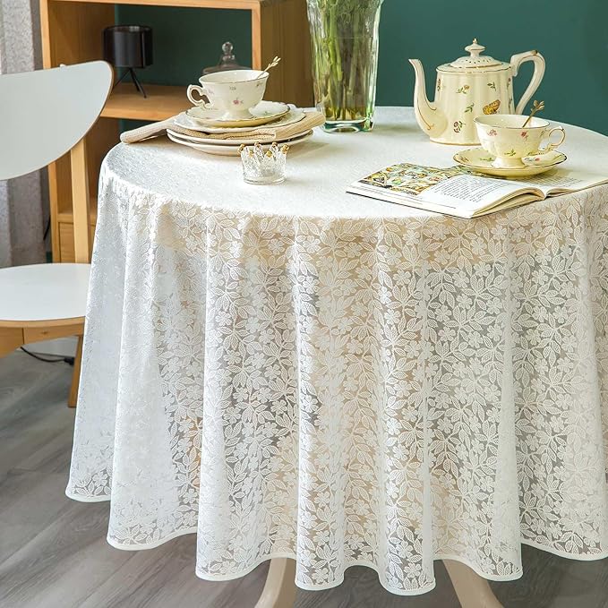 Lace Tablecloth Leaf Pattern Warp Knitting Fabric Solid White Round Table Cover for Kitchen Dining Farmhouse Wedding Party Decor Ivory, 70 Inch