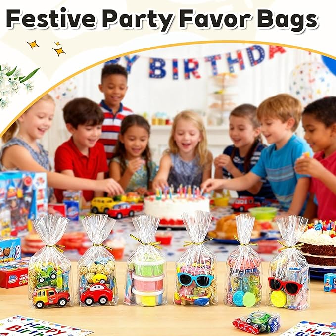 PigPotParty Cellophane Treat Bags 7"x10", 100 Pack Clear Goodie Bags, 3.2" Bottom Gusset for Stand-Up Display, Small Plastic Gift Wrap for Cookies, Candy, Party Favors, Popcorn, Includes 100 Ties