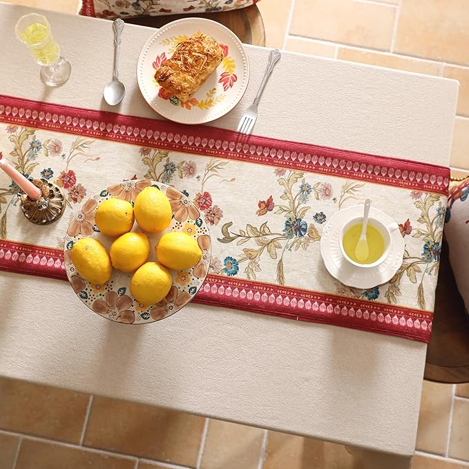 patdrea Designer Farmhouse Linen Extra Long Table Runner,Rustic Cottage Mauve with Rooster and Floral Pattern Fabric Table Mat,Decoration for Kitchen Dining Christmas New Year Banquet, 12"*118"
