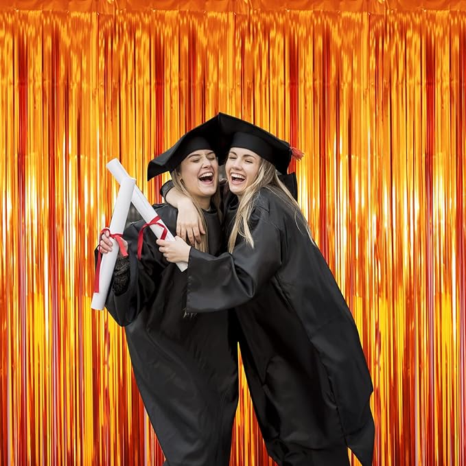 GOER 3.2 ft x 8.2 ft Metallic Tinsel Foil Fringe Curtains Party Photo Backdrop Party Streamers for Birthday,Graduation,New Year Eve Decorations Wedding Decor (3 Packs,Orange)
