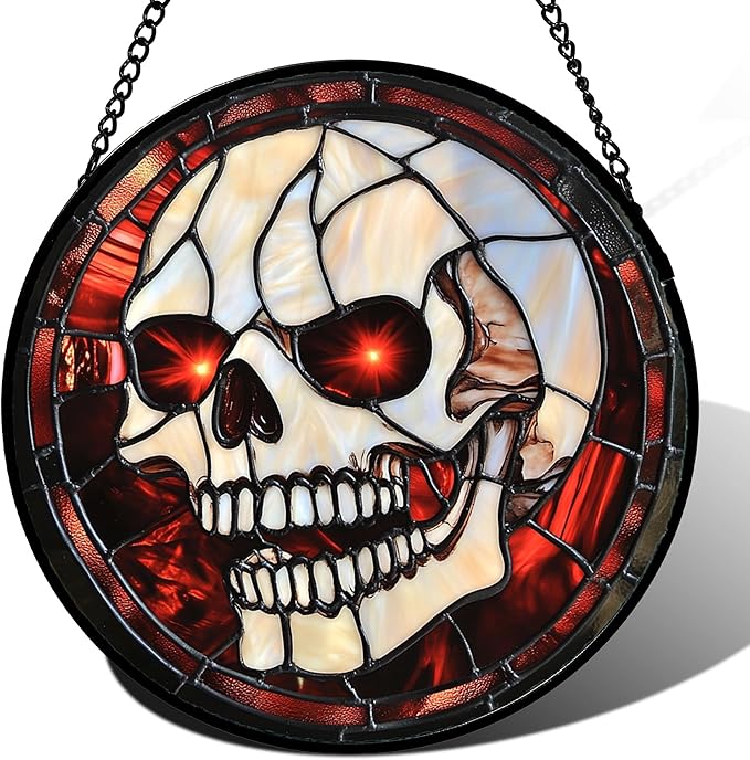 Stained Glass Window Hanging - Halloween Decorations White Skeleton Suncatcher for Doors Garden Indoor Spooky Funny Red Sun Catchers Gothic Decor Horror Gifts for Women Men Friend 11.8 in