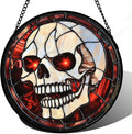Stained Glass Window Hanging - Halloween Decorations White Skeleton Suncatcher for Doors Garden Indoor Spooky Funny Red Sun Catchers Gothic Decor Horror Gifts for Women Men Friend 7.8 in