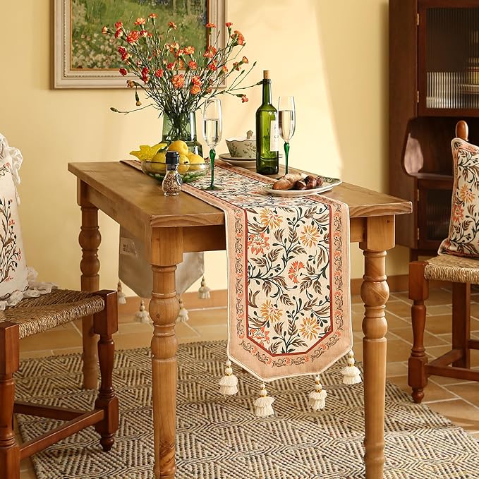 ISAENNE Designer French Elegant Linen Extra Long Table Runner 118 Inches,Farmhouse Lily Pattern Decor Table Runners for Dining Tables,Thanksgiving,Kitchen Tables,Christmas,12"*118"-Aurora A