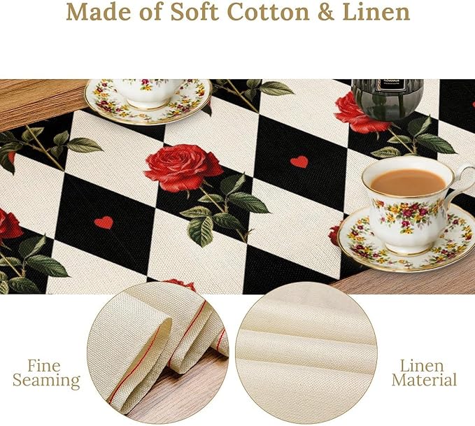 Vintage Rose Table Runner, Red Rose Hearts Black White Checkered Background Table Runner for Kitchen Dinning Table Runner Decor Home Wedding Party Holiday, 13x60 Inch