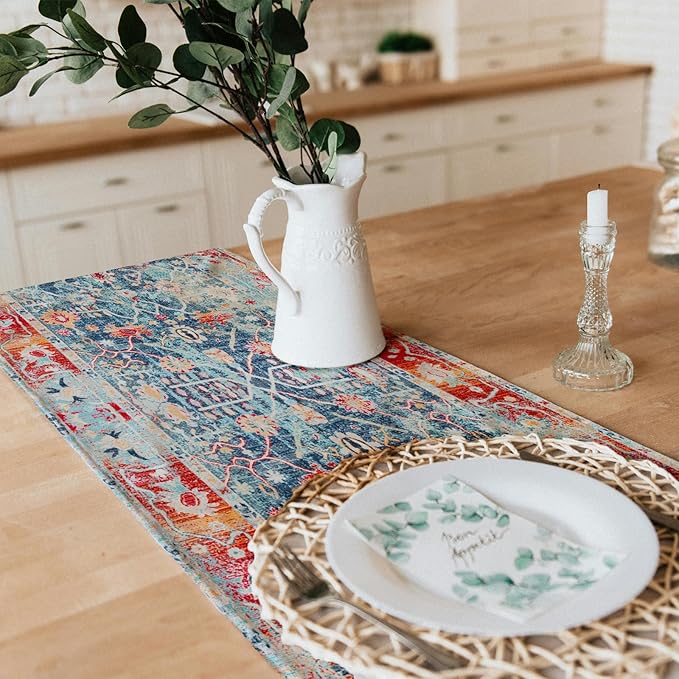 Snycler Table Runner Boho Table Runners Vintage Elegant Farmhouse Table Center Linen Decor for Home Dining Party Entrance (13x48 Inch) Boho-Blue&Red