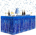2 Pack Dark Blue Table Skirts, 29x108" Metallic Foil Tinsel Fringe Table Skirts for Rectangle Tables Streamer Curtains Backdrop, Party Decorations for Birthdays Weddings Holidays