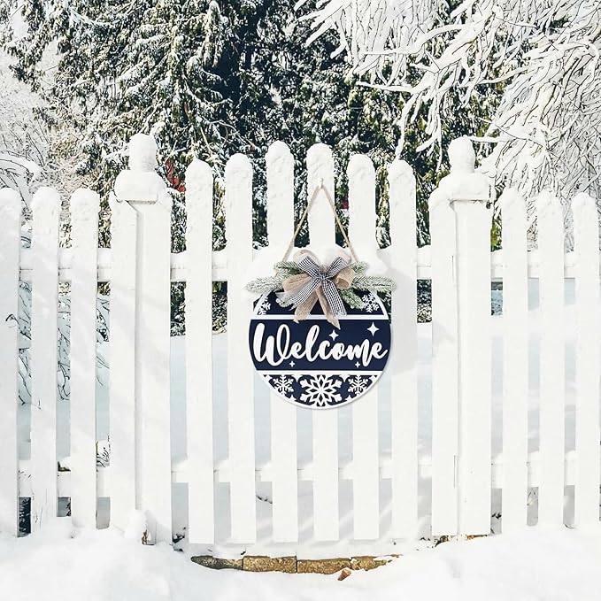 CHDITB Blue Welcome Winter Front Door Sign Wreath(11.4”), Wooden 3D Welcome Home Decoration Wall Hanging with Plaid Bow Snowflake, Farmhouse Christmas New Year Decor for Home Office