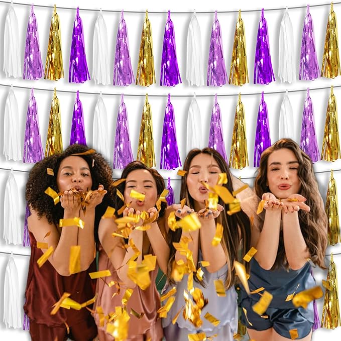 4P Purple-Gold Foil Fringe Tassel Banner Garland Metallic Tinsel Streamers Wall Hanging Curtain Backdrop Banners for Parade Floats, 2024 Graduation Decorations, Wedding Party Decoration