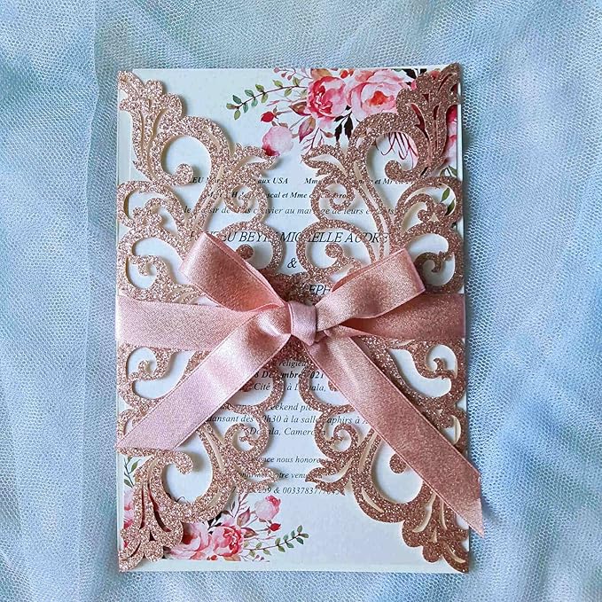 25PCS Rose Gold Laser Cut Wedding Invitations Cards with Envelopes,Blank Inner Sheets,Ribbons for Wedding Bridal Shower Quinceañera Engagement Birthday Invites, rose gold glitter