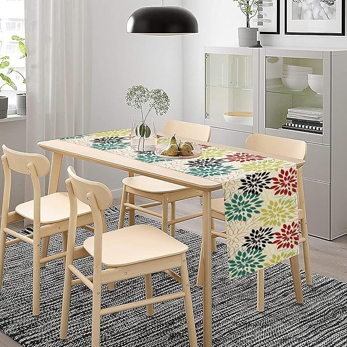 Abstract Red Dahlia Vintage Table Runner, Geometric Lines Mid Century Vintage Modern Colorful Table Runner for Party Kitchen Dining Living Room Laundry Room Decor, 13x120 Inch