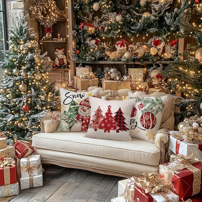 GEEORY Winter Christmas Throw Pillow Covers 16 x 16 Inch Set of 4, Xmas Trees Snowflake Snowman Joy Holiday Farmhouse Decorative Cushion Cases for Home Decoration G583-16