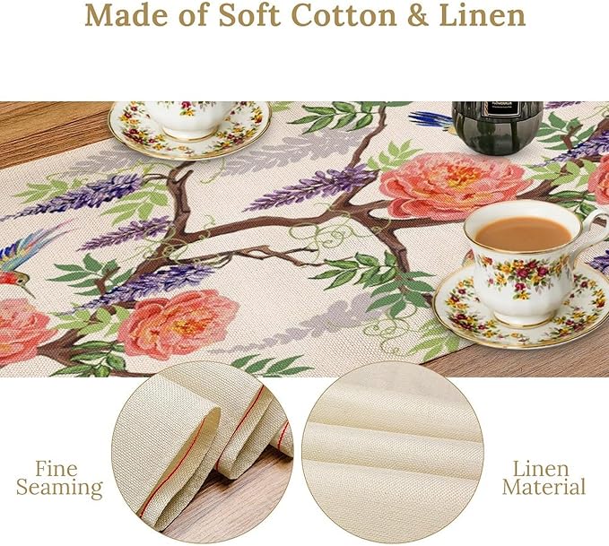 Vintage Bird Flower Table Runner Seasonal Spring Purple Wisteria Garden Plants Lavender Pink Florals Farmhouse Country Kitchen Dinner Runner Dining Table Decoration for Home Party Holiday 13"x108"