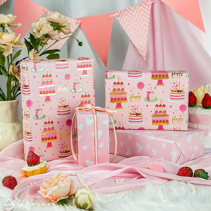 Yarcony Girls Birthday Wrapping Paper Roll, Pink Gift Wrapping Paper,Metallic Foil Pink Cartoon-Style Birthday Cakes Gift Wrap for Kid Party,Baby Shower,Wedding, Holiday,Christmas(17 Inch X 33 Feet)