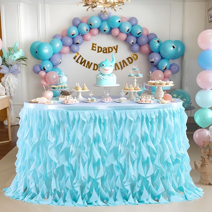 Partisky Aqua Blue Tulle Curly Willow Table Skirt for Rectangle Table 17ft, Ruffle Tutu Table Cloth for Boys Baby Shower,Birthday Party Candy Cake Tables
