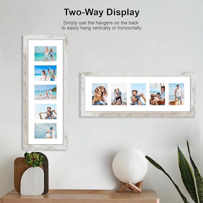 8x24 Picture Frame 2 Pack, Distressed White Wood Frame with Tempered Glass, Display Pictures Multiple Five 4x6 With Mat or 8 x 24 Without Mat - Horizontal or Vertical Wall Mounting
