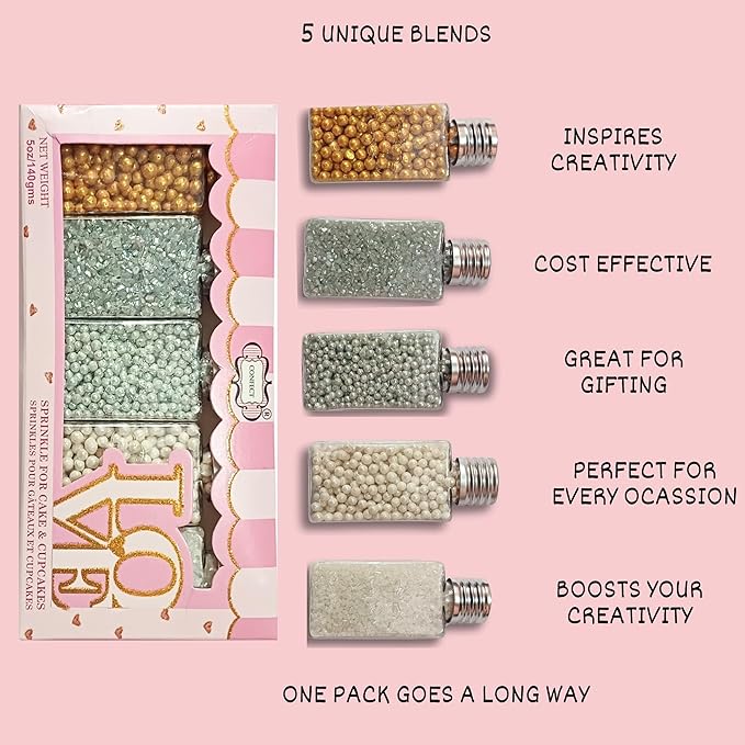 Confect Sprinkles -Metal Mania Disco Ball Sprinkle Mix – 5-Pack Assorted Edible Sprinkles with Bronze, White & Gunmetal + Sparkling White & Silver Sugar – Cake, Cupcake & Cookie Decorating – Vegan, Gluten-Free, Nut-Free, Soy-Free, Dairy-Free, Palm Oil-...