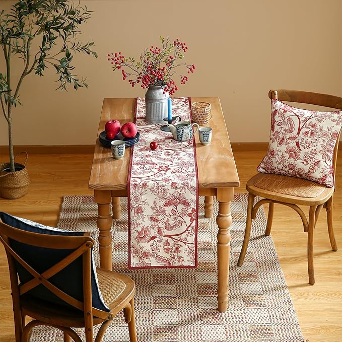 ISAENNE Designer Chinoiserie Elegant Linen Table Runner 71 Inches Long,Red Floral Pattern Decor Table Runners for Thanksgiving,Dining Room,Banquet,Kitchen Tables,Christmas,12"*71"-Ruyi A