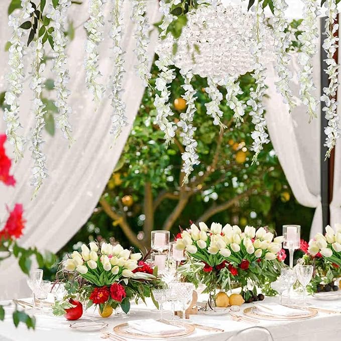 5 Pack White Wisteria Hanging Flowers Garland, 3.77 Feet Artificial Flower Vines, Fake Wisteria, Artificial Vines Hanging Garland for Backdrop Outdoor Yard Garden Decor